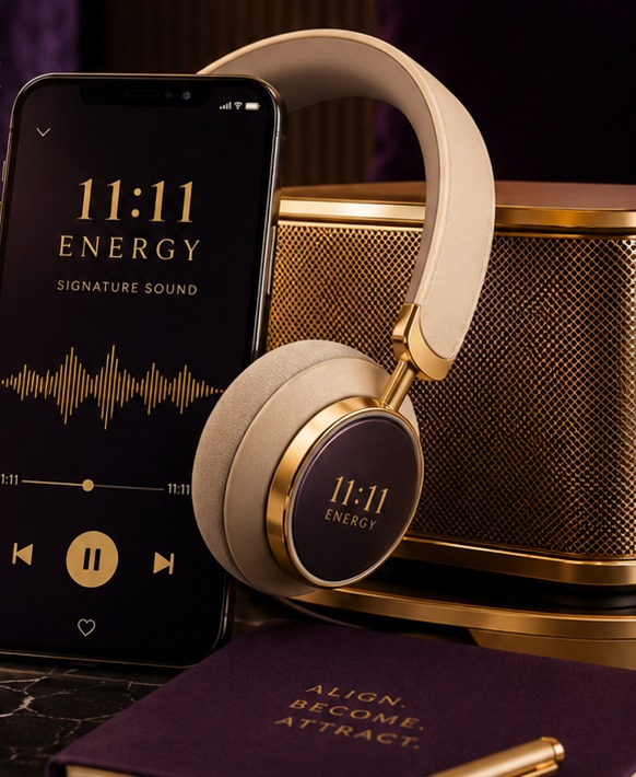 The 11:11 Energy Signature Sound player on a phone beside champagne-gold headphones and a purple journal.