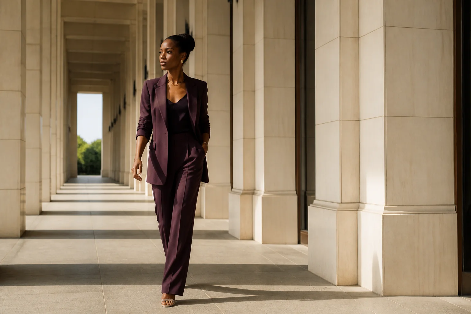 A woman in a plum suit walking through a cream stone colonnade in warm sunlight.