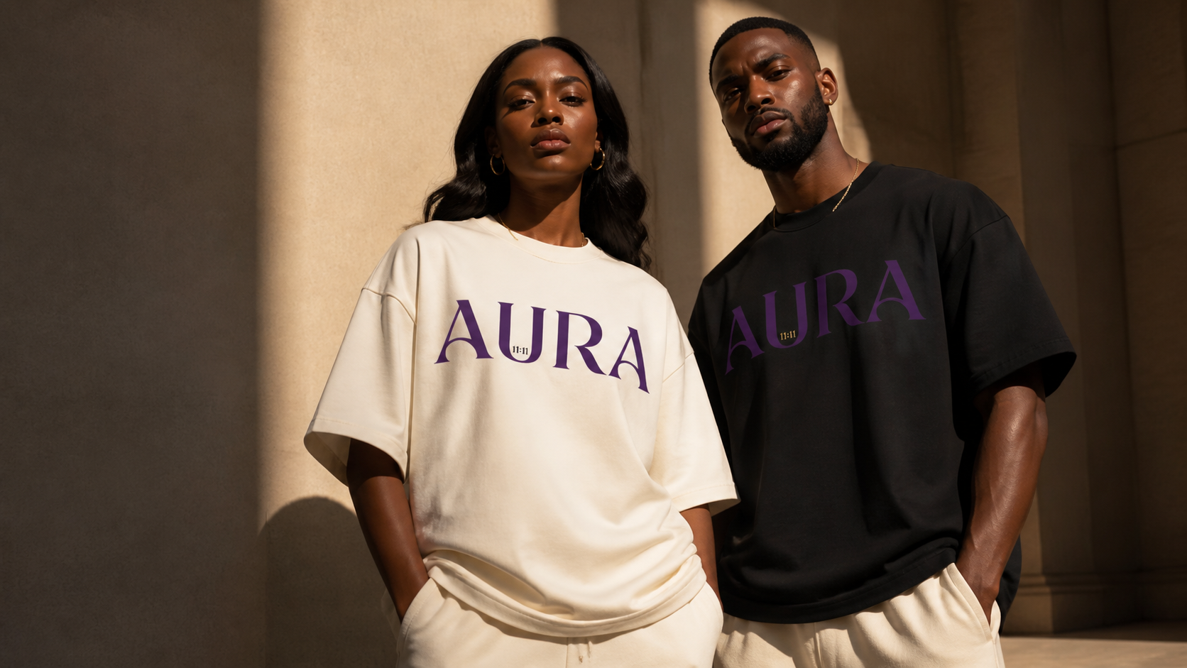 Two models in AURA 11:11 cream and black tees in sunlit stone architecture