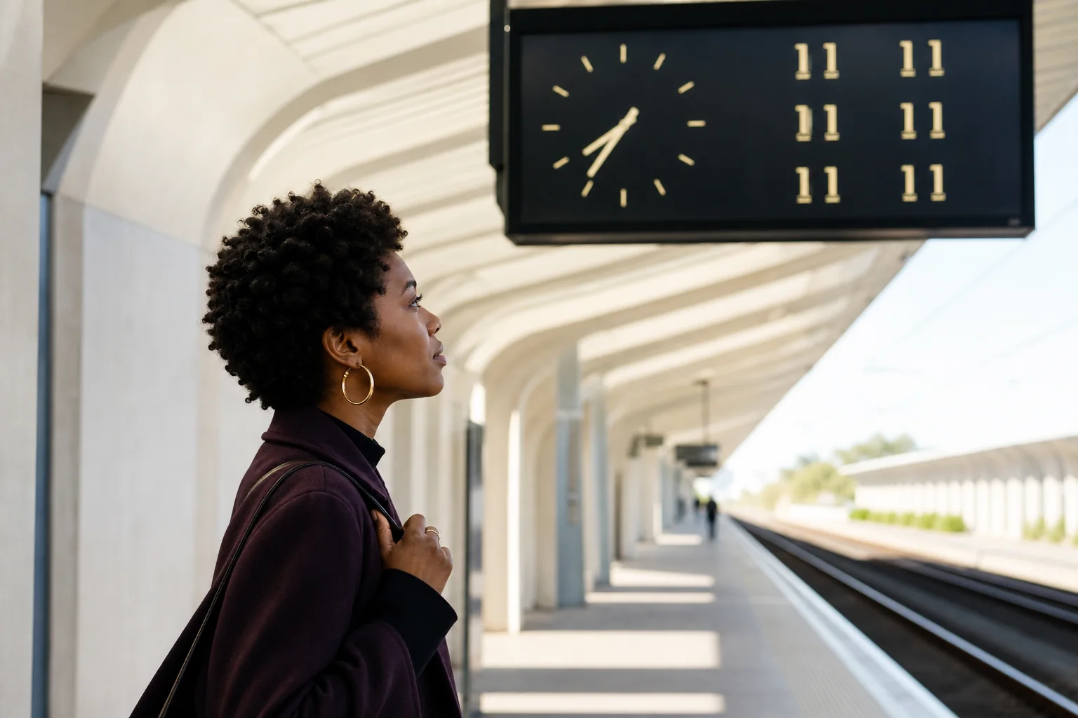 A woman in a plum coat looking up at a station board showing rows of 11:11 in gold.