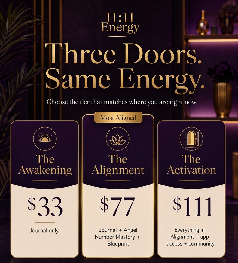 Three Doors. Same Energy. The Awakening $33, The Alignment $77, and The Activation $111 tier cards.