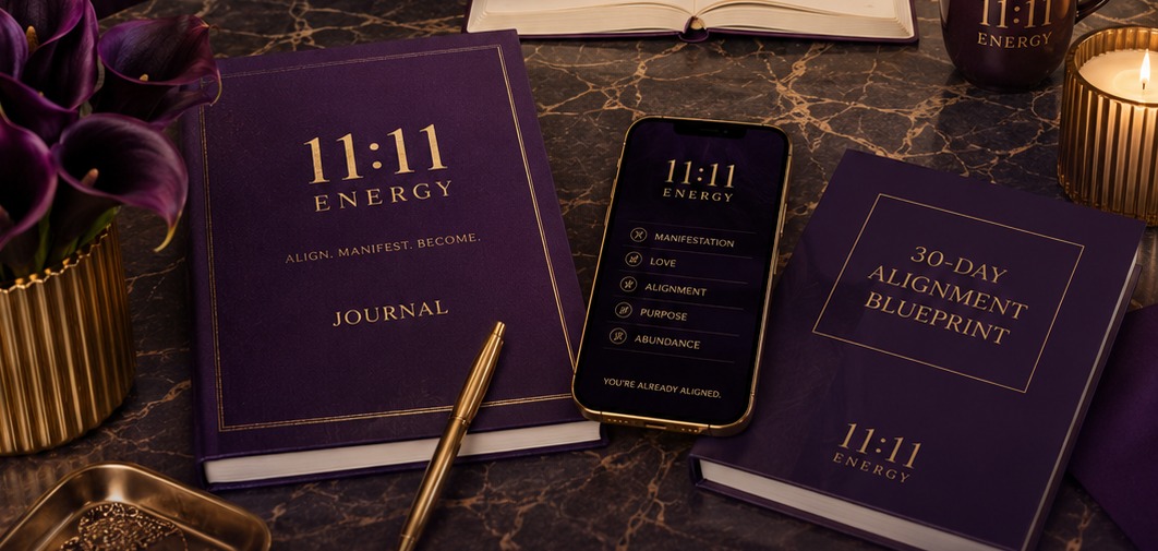 The 11:11 Energy journal, 30-Day Alignment Blueprint, and app laid out on dark marble with a gold pen.