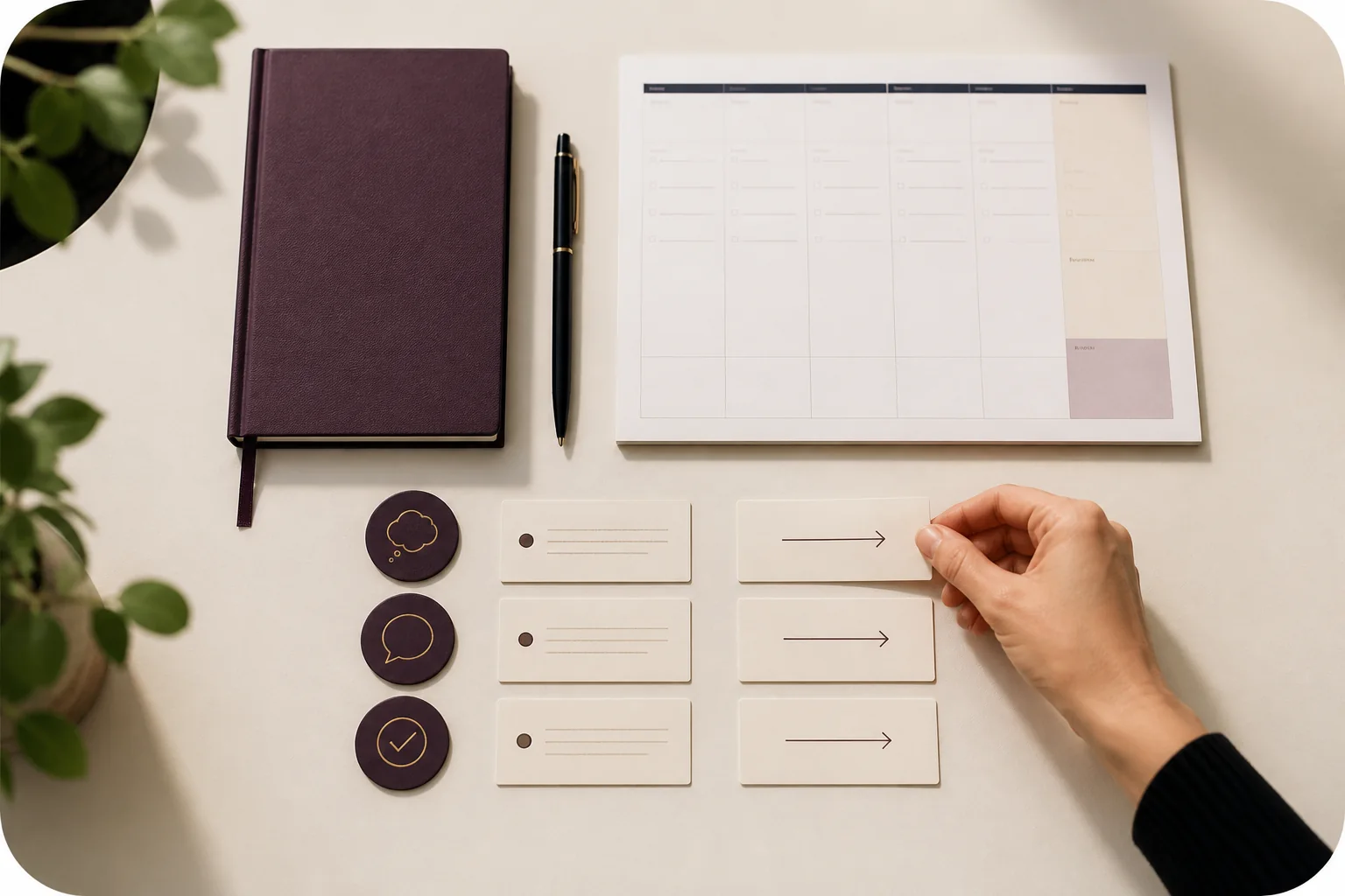 A plum journal, gold-trimmed pen, weekly planner and action cards laid out on cream.