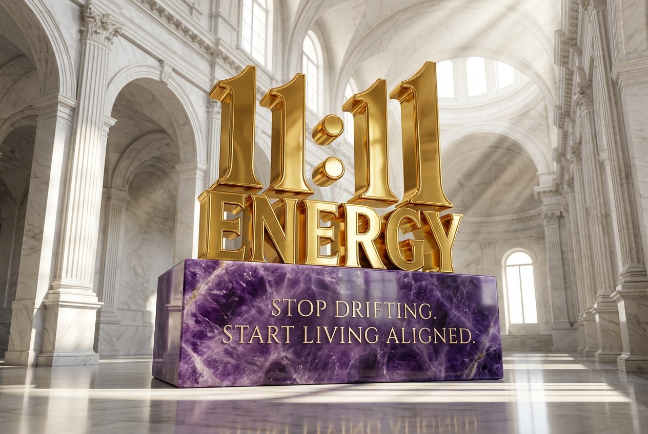 The 11:11 ENERGY monument in polished gold on an amethyst plinth engraved "Stop drifting. Start living aligned." inside a sunlit marble hall.