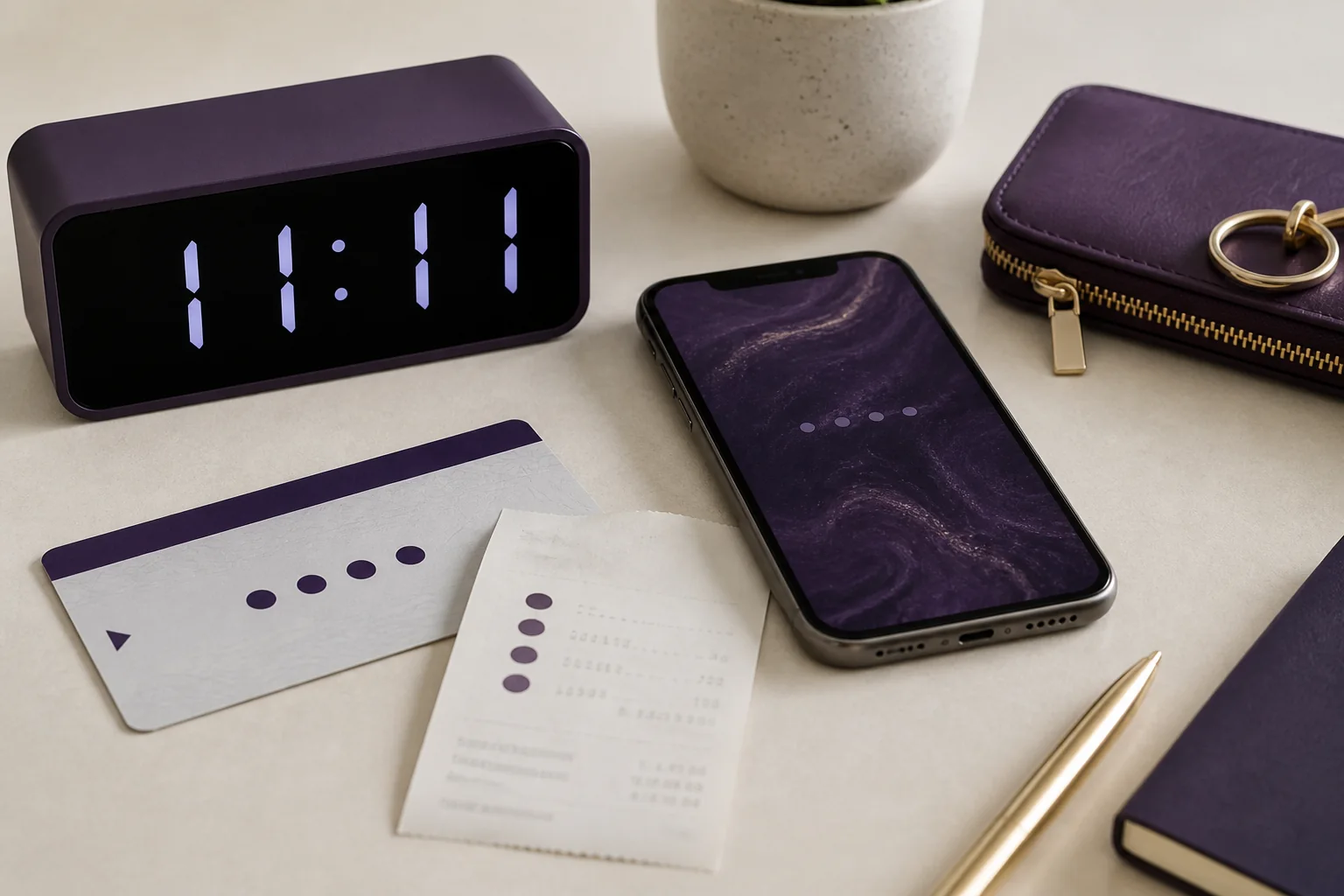 A plum desk clock reading 11:11 beside a phone, gold pen and journal on cream stone.